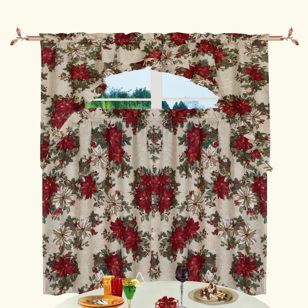 Christmas Poinsettia Design 3pc Kitchen Curtain Set (36*60" Valance+